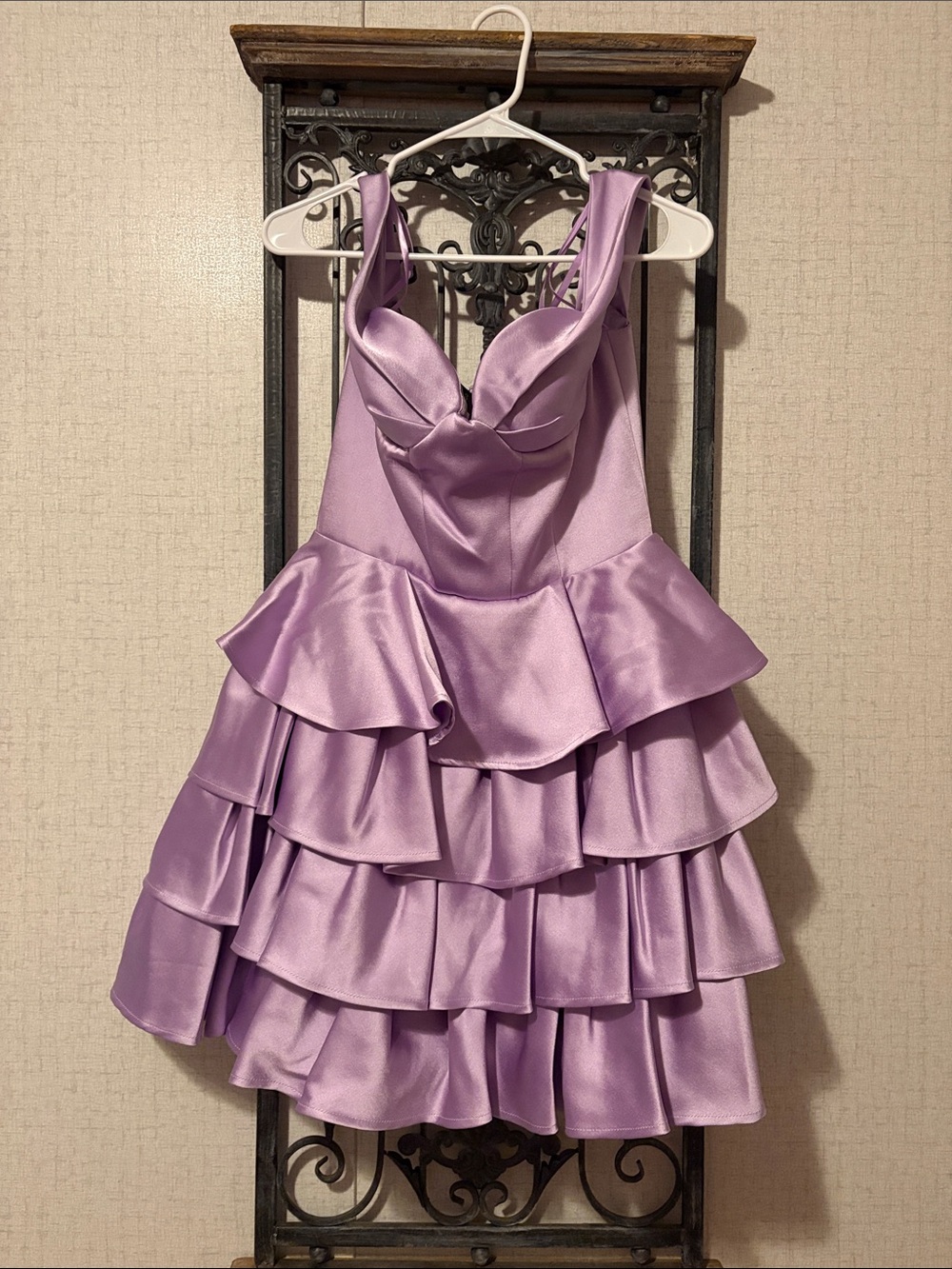 Johnathan Kayne Lilac Satin Tiered Ruffle Cocktail Dress